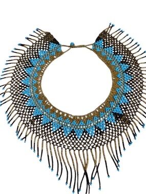 Handcrafted Blue and Browns Beaded Fringe Necklace